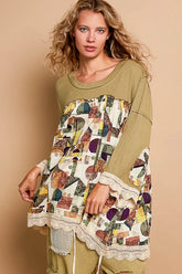 POL Bohemian Geometric Print Long Sleeve Top with Lace Trim OutfitFlow